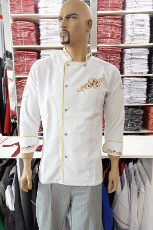 Beyaz Aşçı Ceketi Nakışlı Gold Biyeli BC-01
