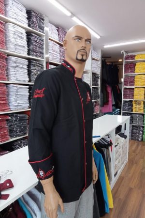 Siyah Aşçı Ceketi Nakışlı Kırmızı Biyeli